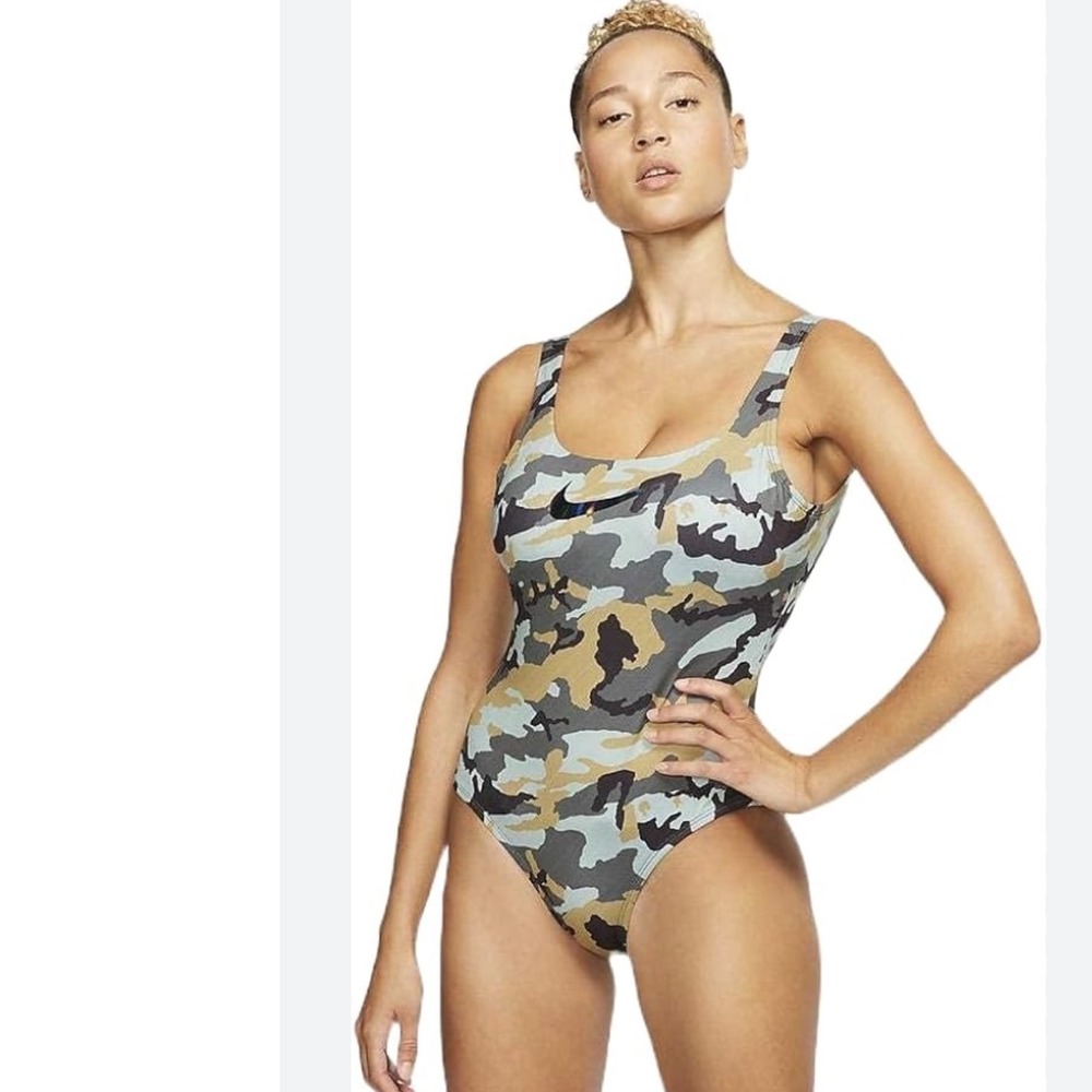 Nike Womens Camo One Piece Swimsuit Holographic Swoosh Green Brown Medium